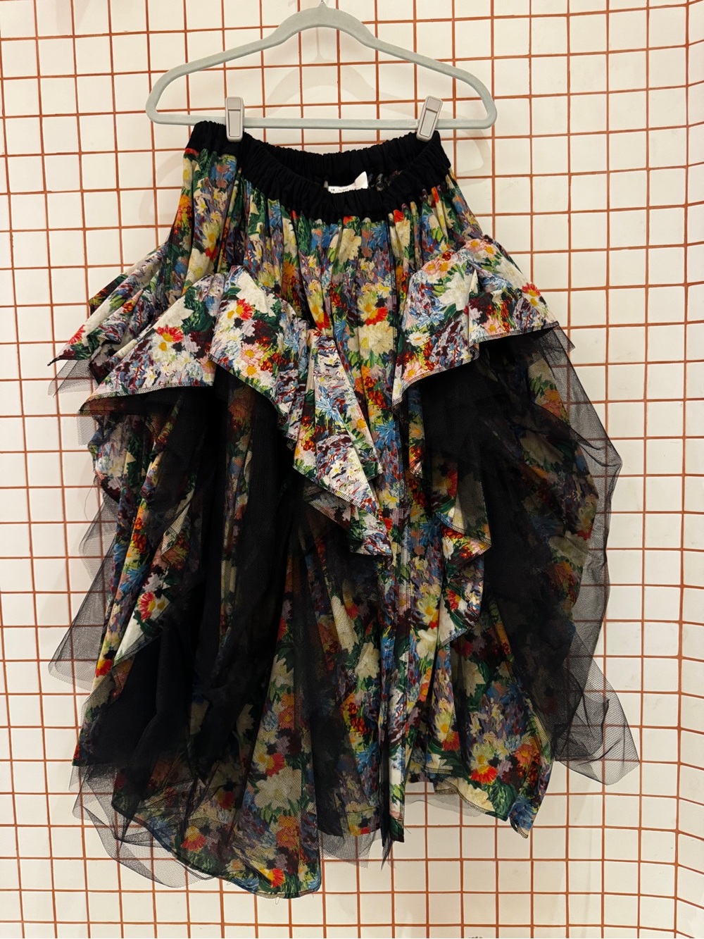 Tao Comme Des Garçons Tulle and Black Floral Print Midi Skirt